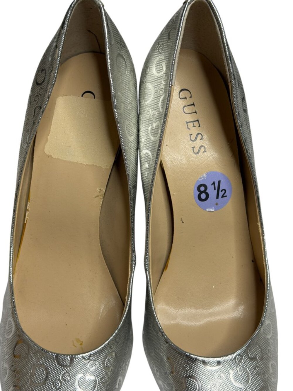 Guess Trace Pumps Shoes Stiletto Heel Logo Pointed Toe Metallic Silver 8.5 - Picture 4 of 13